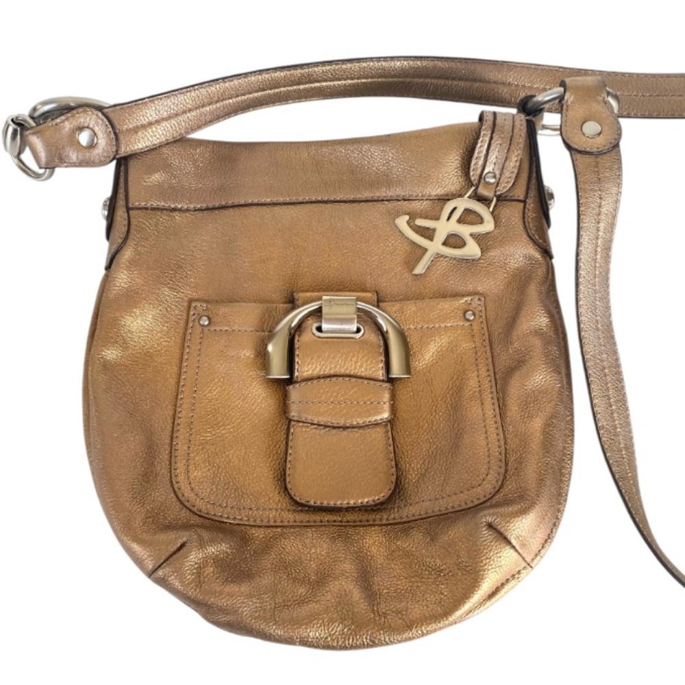 B. Makowsky Bronze Leather Crossbody Bag Buckle Front Metallic Shoulder Purse